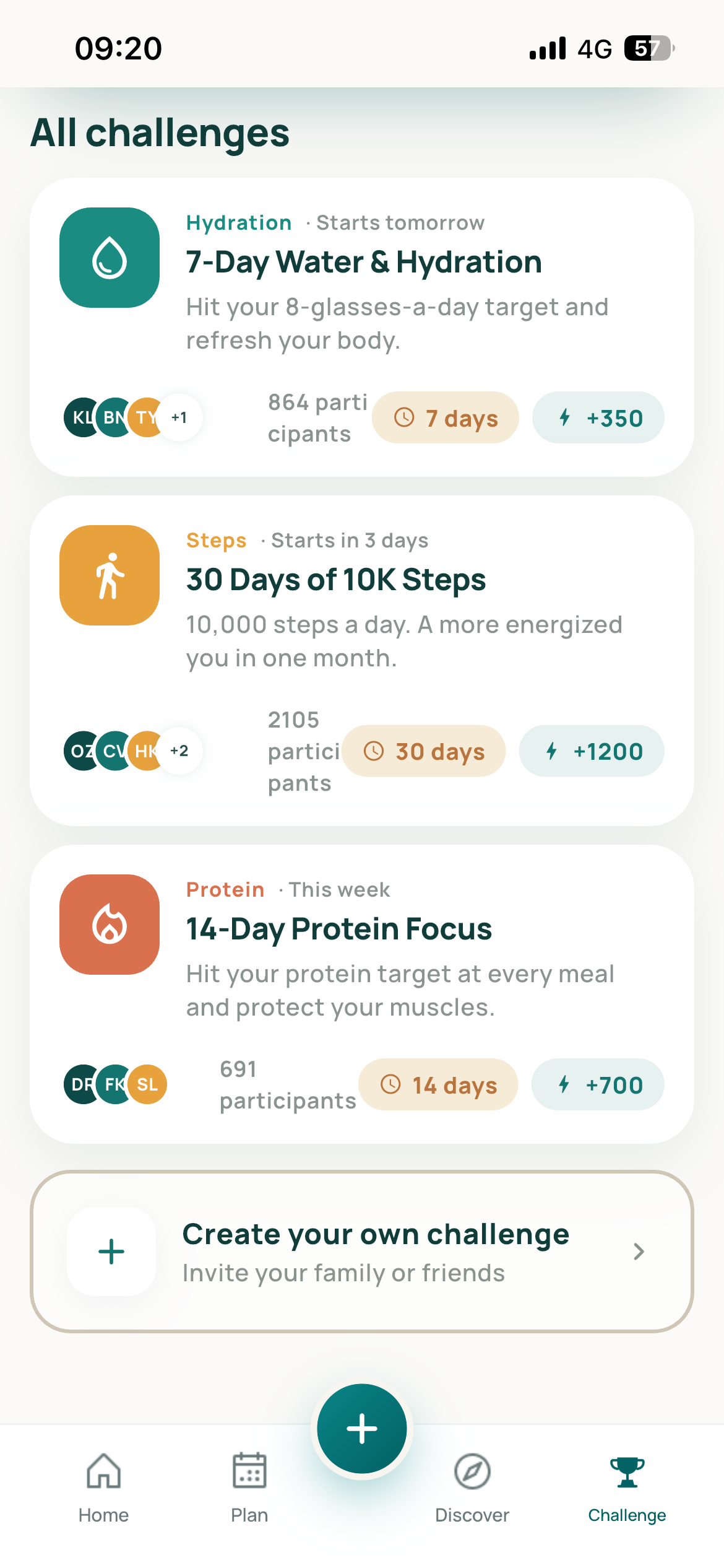 Humally challenge list with hydration, steps and protein goals