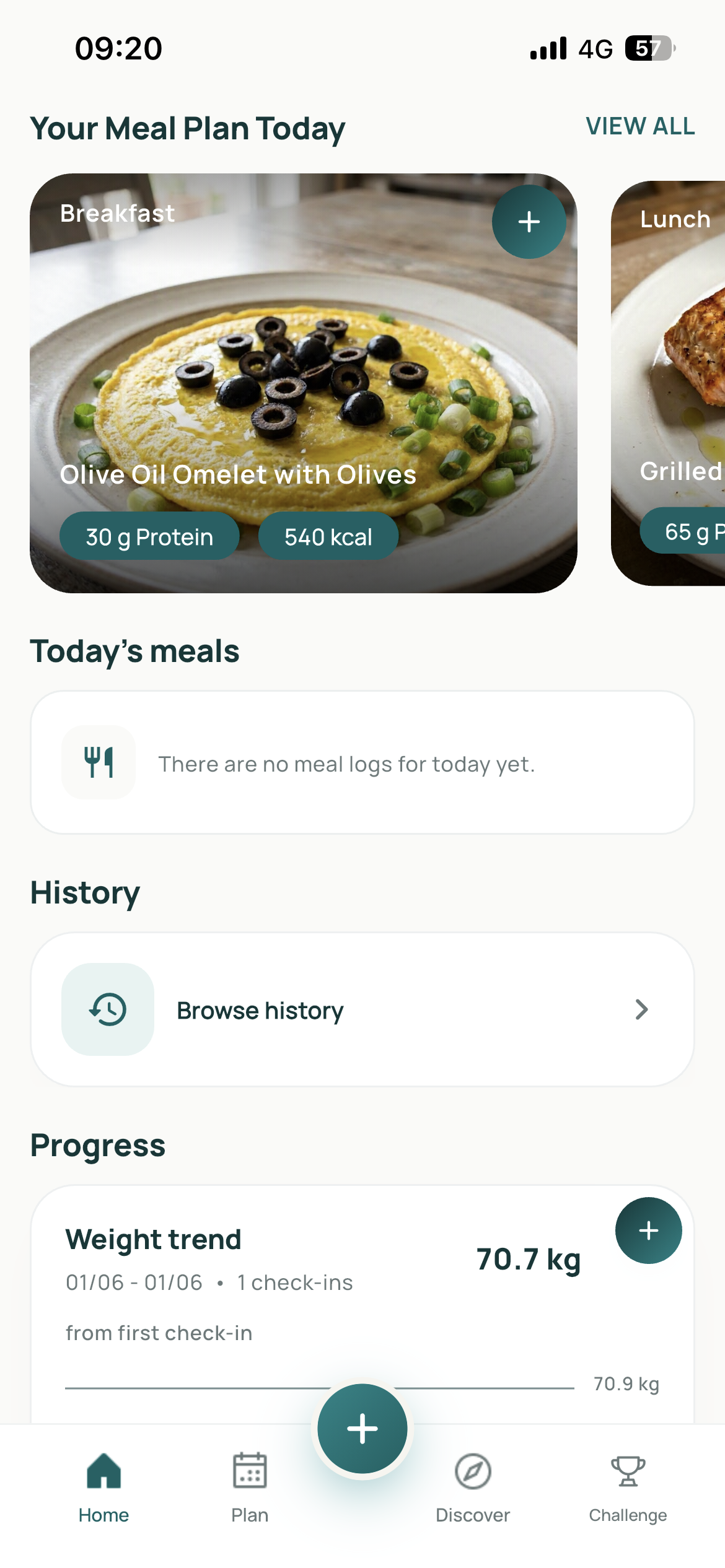 Humally daily meal plan and progress screen