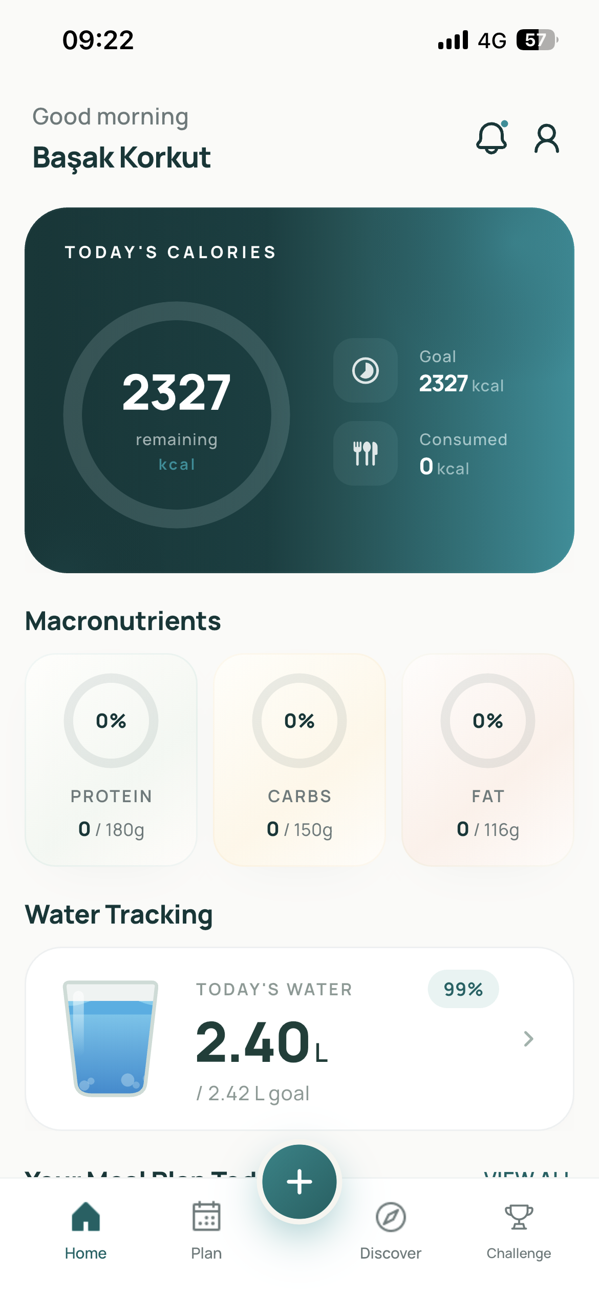 Humally dashboard screen showing calories, macronutrients and water tracking